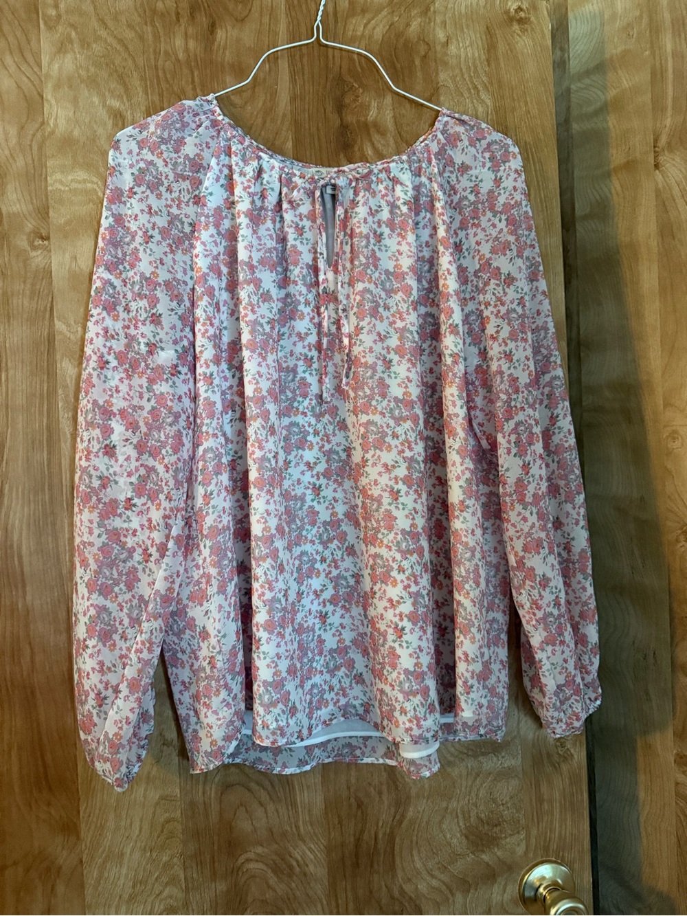 Light Pink Floral Tie-Neck Peasant Blouse